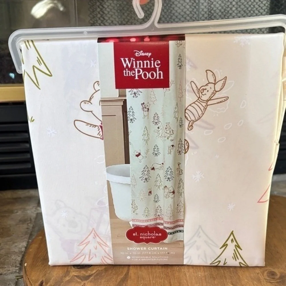 Disney Winnie the Pooh Holiday Fabric Shower Curtain Cream & Red Christmas 70